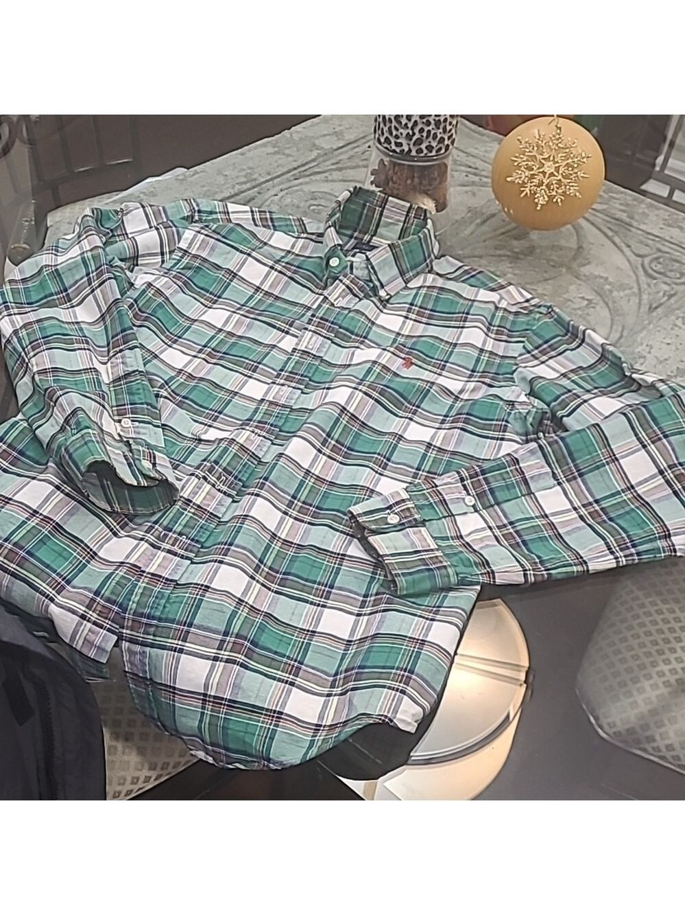 𝅺ralph Lauren Green Multi Color Checkered Collar Shirt New Large